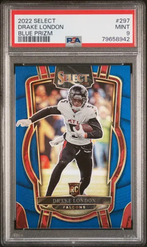 2022 Panini Select Drake London Blue Prizm Rookie PSA 9 front