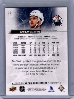 Upper Deck Connor McDavid #70 back