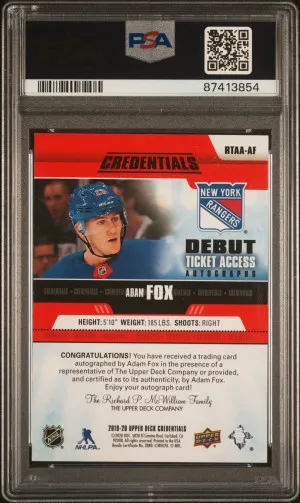 2021 Upper Deck Credentials Update Adam Fox Upd-'19 Dbt.tkt Acs.au.-Red back