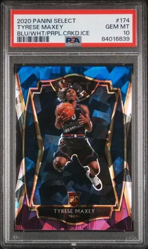2020 Panini Select Tyrese Maxey #174 Blue White & Purple Cracked Ice Prizm Premier Level Rookie RC Gem Mint PSA 10 front