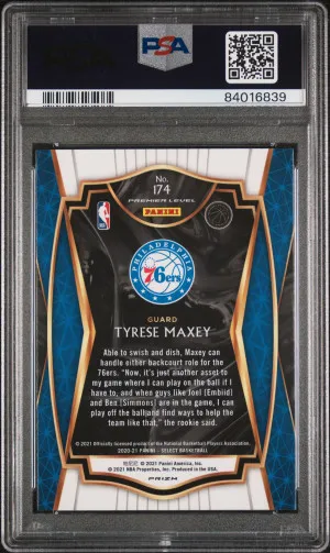 2020 Panini Select Tyrese Maxey #174 Blue White & Purple Cracked Ice Prizm Premier Level Rookie RC Gem Mint PSA 10 back