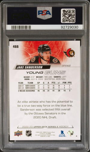 2022 Upper Deck Jake Sanderson #466 Rookie PSA 10 back