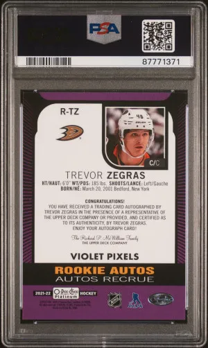 2021 Upper Deck O-Pee-Chee Platinum Rookie Autograph Trevor Zegras Rookie Auto-Violet Pixels back
