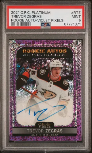 2021 Upper Deck O-Pee-Chee Platinum Rookie Autograph Trevor Zegras Rookie Auto-Violet Pixels front