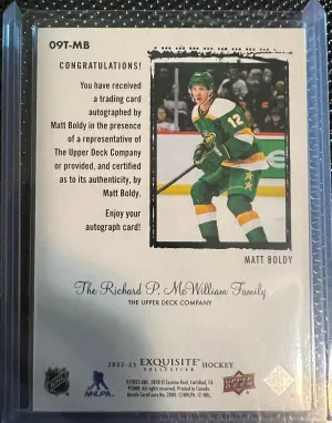 Matt Boldy Exquisite Rookie Auto /49 back