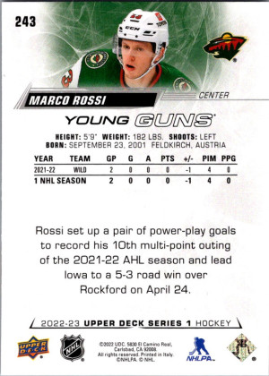 Upper Deck Young Guns Marco Rossi #243 RC back