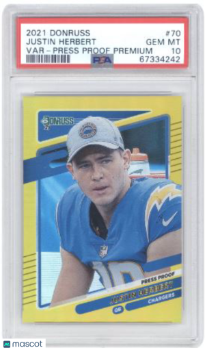 2021 Panini Donruss Justin Herbert #70 Var Press Proof Premium PSA 10 front