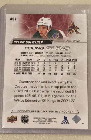 2022-23 Upper Deck Series 2 Dylan Guenther #497 YG back