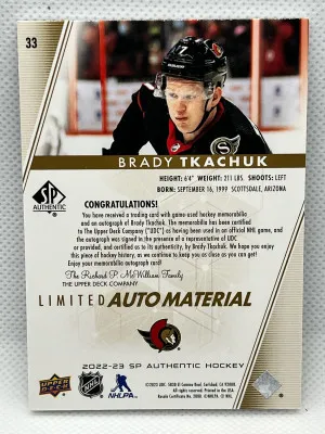 2022-23 SP Authentic BRADY TKACHUK Limited Auto Material #33 - 34/50 back