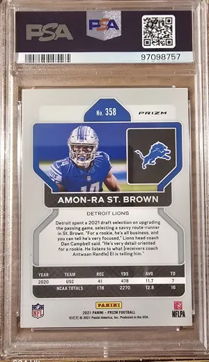 2021 Prizm Amon Ra St Brown Orange Lazer PSA 10 back
