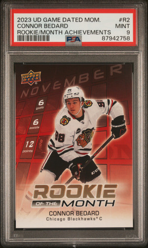 2023 Upper Deck Game Dated Moments Rookie Of The Month Achievements Connor Bedard, Nov 2023 front
