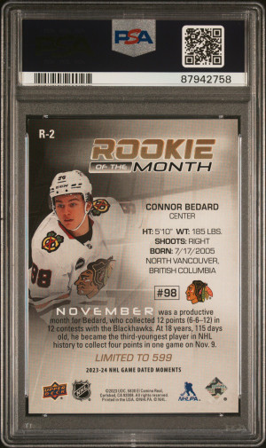 2023 Upper Deck Game Dated Moments Rookie Of The Month Achievements Connor Bedard, Nov 2023 back
