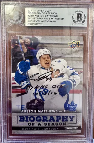 2016-17 Upper Deck Biography of a Season Auston Matthews Auto, NHL Debut Inscription front