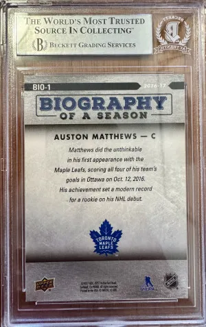 2016-17 Upper Deck Biography of a Season Auston Matthews Auto, NHL Debut Inscription back