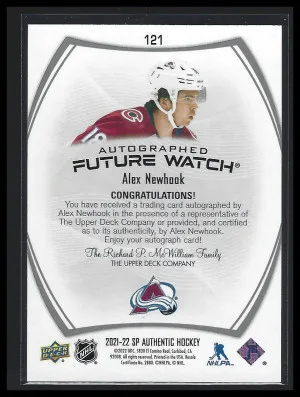 2021-22 SP Authentic Alex Newhook Future Watch Auto /999 back