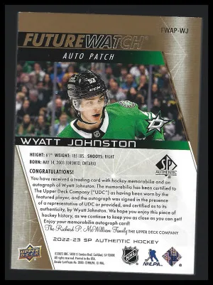 2022-23 Wyatt Johnston Future Watch Patch Auto /100 back
