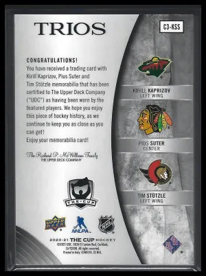 2020-21 The Cup Kaprizov Suter Stutzle Trios Jerseys /35 #C3-KSS back