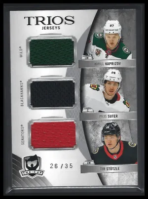 2020-21 The Cup Kaprizov Suter Stutzle Trios Jerseys /35 #C3-KSS front