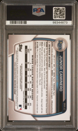 2023 Bowman Mega Box Chrome Prospect Autographs Junior Caminero Chrome-Prspct Au-Green Ref /99 PSA 9 back