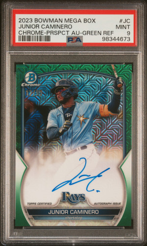 2023 Bowman Mega Box Chrome Prospect Autographs Junior Caminero Chrome-Prspct Au-Green Ref /99 PSA 9 front