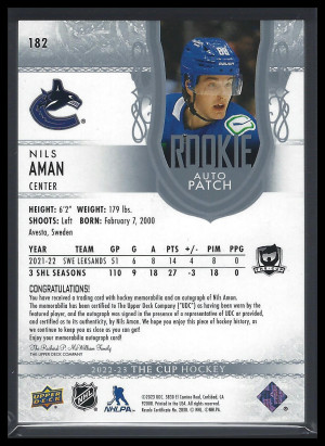 2022-23 The Cup Nils Aman Rookie Patch Auto /249 back