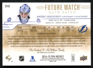 2014 SP Authentic Future Watch Auto Patch Andrei Vasilevskiy RC /100 back