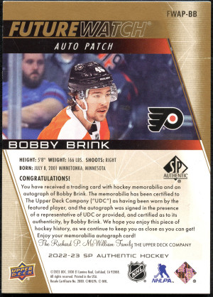 2022 SP Authentic Future Watch Auto Patch Bobby Brink RC /100 back