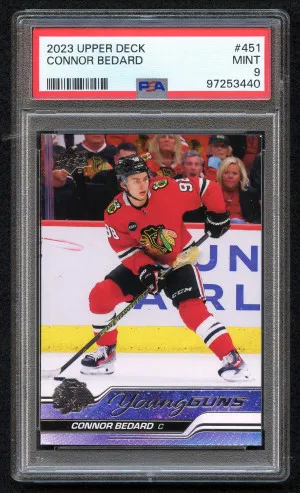 2023 Upper Deck 451 Connor Bedard Young Guns RC PSA 9 Mint front