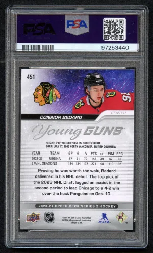 2023 Upper Deck 451 Connor Bedard Young Guns RC PSA 9 Mint back