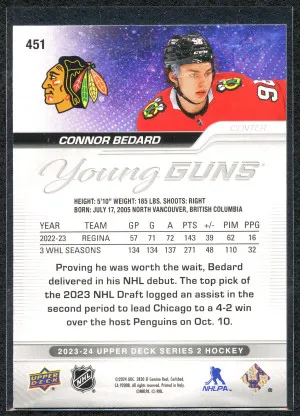 2023 Upper Deck Outburst 451 Connor Bedard Young Guns YG RC back