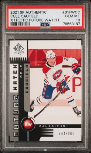 2021 Sp Authentic 2001-02 Retro Future Watch Cole Caufield '01 Retro Future Watch PSA 10 front