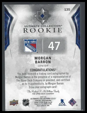 2021-22 Morgan Barron Rookie Auto /299  Ultimate Collection Hockey back