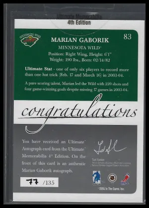 2004 Marian Gaborik Ultimate Memorabilia 4th Edition In The Game back