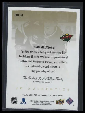 2022-23 SP Authentic - UD Authentics  Joel Eriksson EK back