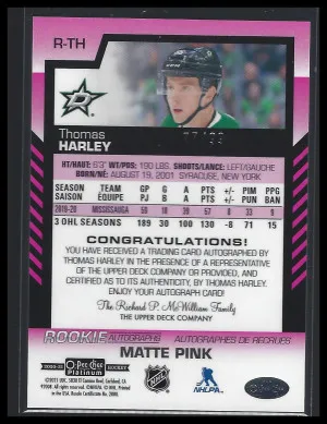 2020-21 Thomas Harley Matte Pink Rookie Auto O-Pee-Chee Platinum back