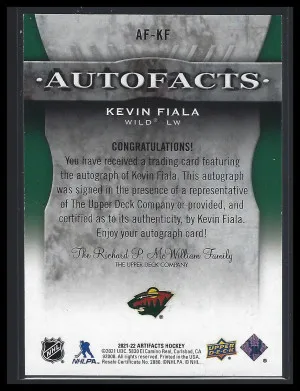2021-22 Artifacts Autofacts #AFKF Kevin Fiala F back