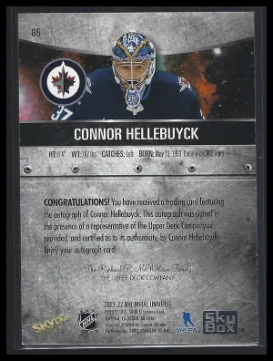 2021-22 Skybox Metal Universe Silver Auto Connor Hellebuyck #85 Auto back