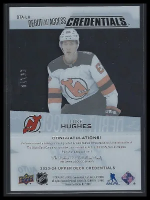 23-24 Luke Hughes Debut Ticket Access Rookie Auto /99 back