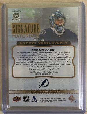Andrei Vasilevskiy The Cup Signature Materials Patch Auto /99 back