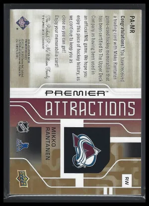 2021-22 Upper Deck Premier - Premier Attractions Jersey Relics Patch #PA-MR Mikko Rantanen /35 back