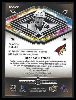 2020-21 Upper Deck Black Diamond - Pure Black Premium Relics #BDB-CK Clayton Keller /50 back