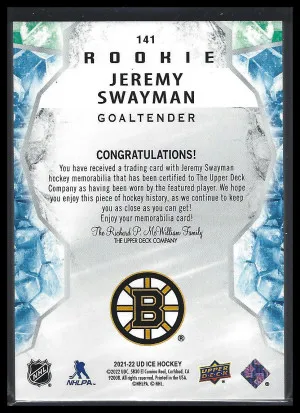 2021-22 Upper Deck Ice - Rookie Jersey Relics #141 Jeremy Swayman /25 back