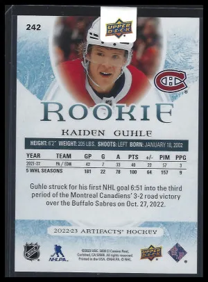 2022-23 UD Artifacts Rookie Emerald Kaiden Guhle RC #72/99 No. 242 back