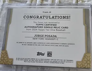 2024 Topps Tier One Jorge Posada Autograph/relic 139/199 back