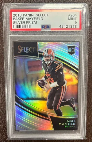 2018 Panini Select Field Level Silver Prizm Baker Mayfield #204 Rookie RC PSA 9 front