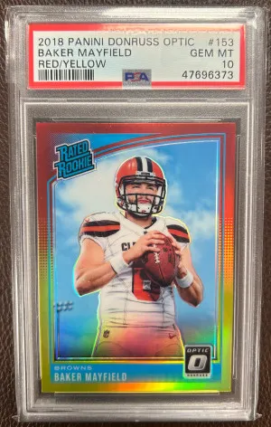 2018 Panini Donruss Optic Baker Mayfield Red/Yellow Rookie Card PSA 10 front