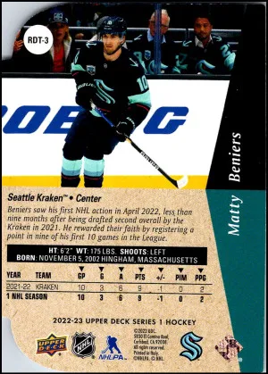 2022-23 Upper Deck Series 1 #RDT-3 Matty Beniers RC Gold Foil Die-Cut back