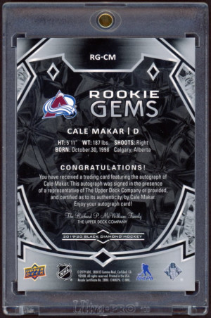 2019-20 Upper Deck UD Black Diamond Rookie Gems Pure Black Sigs RG-CM Cale Makar /99 back