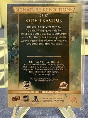 2021 UPPER DECK THE CUP KEITH TKACHUK SIGNATURE RENDITIONS AUTO #SR-KT back
