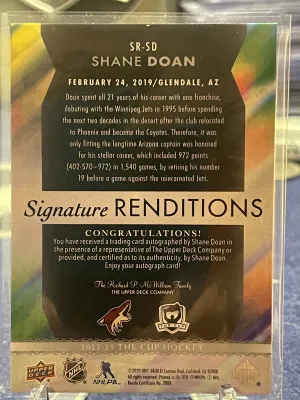 22/23 UD The Cup Shane Doan Signature Renditions Auto Card # SR-SD back